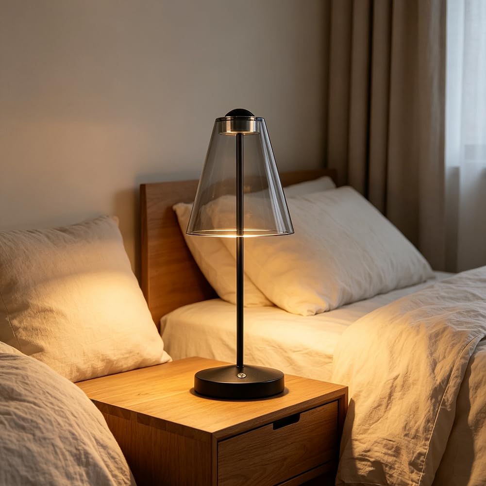Akku Tischlampe Kabellose 3000K Dimmbar Tischleuchte USB Aufladbar LED Touch Schalter Nachttischlampe Batteriebetrieben Warmes Licht 2 Helligkeitsstufen Metalllampe Schwarz für Esszimmer Terrasse