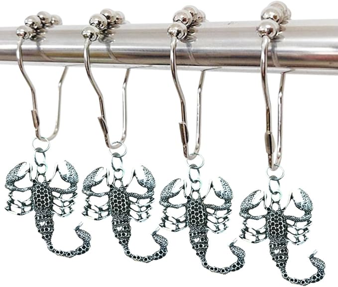 Zodiac Scorpio Decorative Shower Curtain Hooks for Bathroom, Rustproof Metal Shower Curtain Rings Set of 12 with Gothic Scorpion Animal Zodiac Theme Bathroom Decor (Silver)