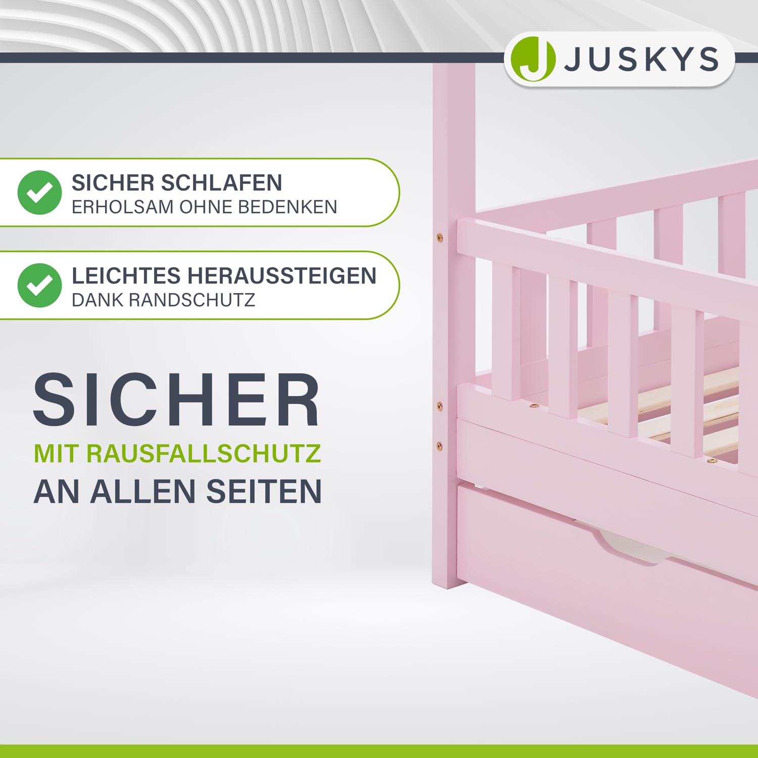 Juskys® Kinderbett Marli 80 x 160 cm mit Bettkasten 2-teilig, Rausfallschutz, Lattenrost & Dach - Massivholz Hausbett für Kinder - Bett in Rosa