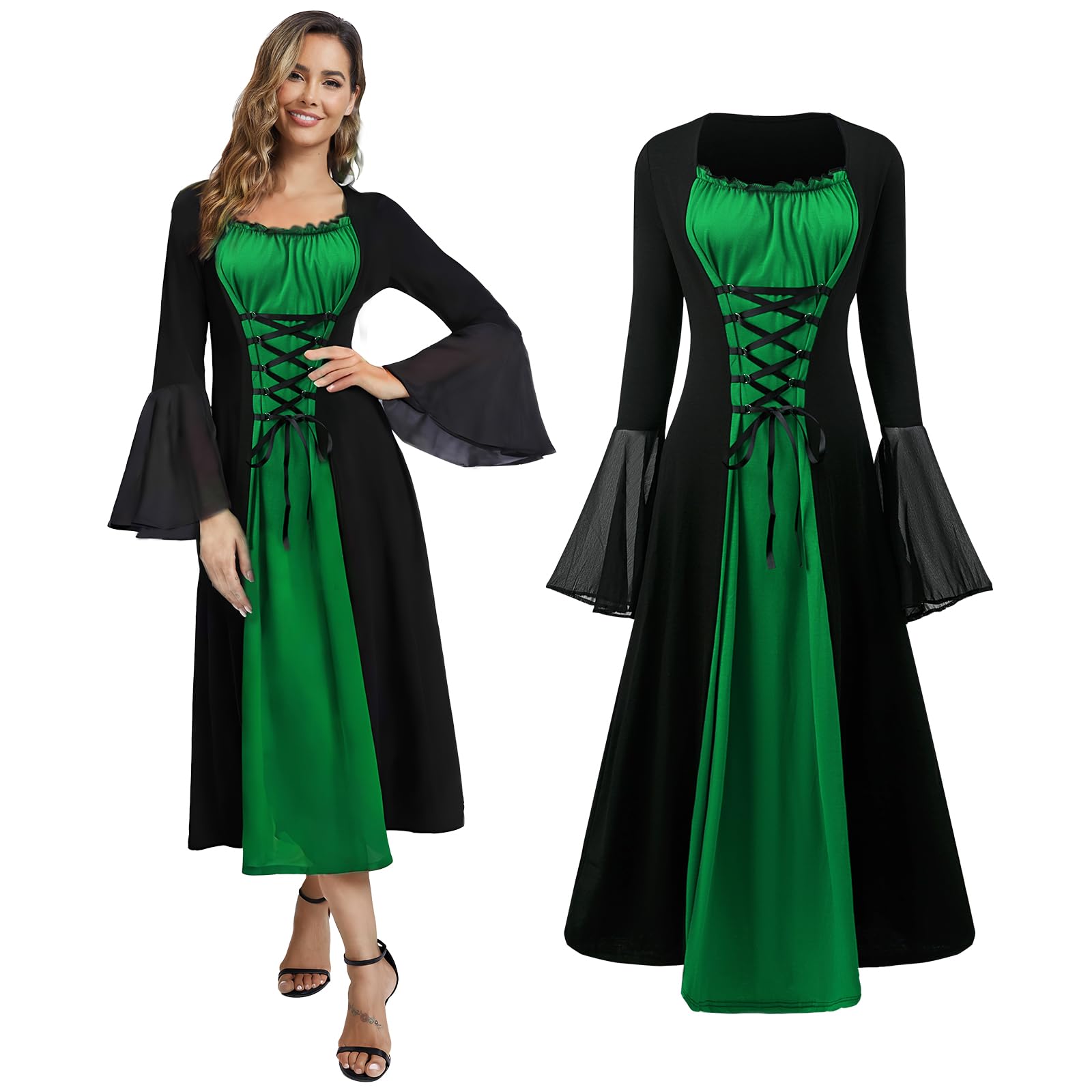 JDFAIJEAL Renaissance Costume Women Medieval Dress with Trumpet Sleeve Gothic Steampunk Dress Halloween Carnival Halloween Party Vampire Cosplay (Black Green, M)
