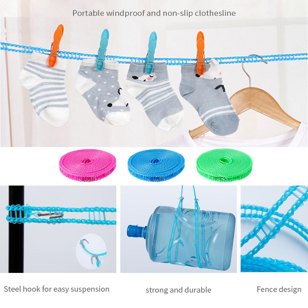 Wäscheleinen 6 Stück rutschfeste Trockenleinen mit Haken Tragbare Reisewäscheleine Doppel Wäscheleine Winddichte Kleiderleine für Kleiderbügel Balkon Garten Outdoor Camping Reisen (8 M)