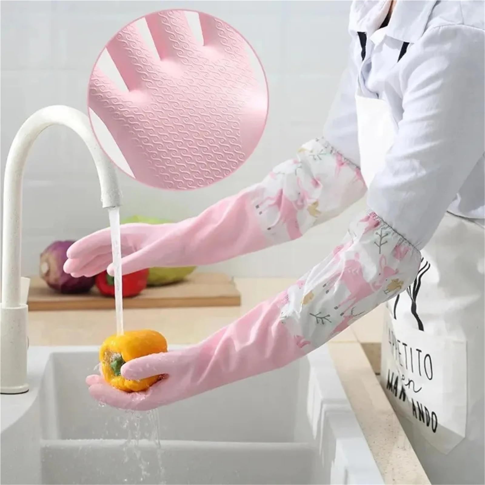 Guantes Limpieza Guantes for lavar platos de una sola capa, con manga extendida, banda elástica, goma, antideslizantes, gruesos, impermeables, for cocina