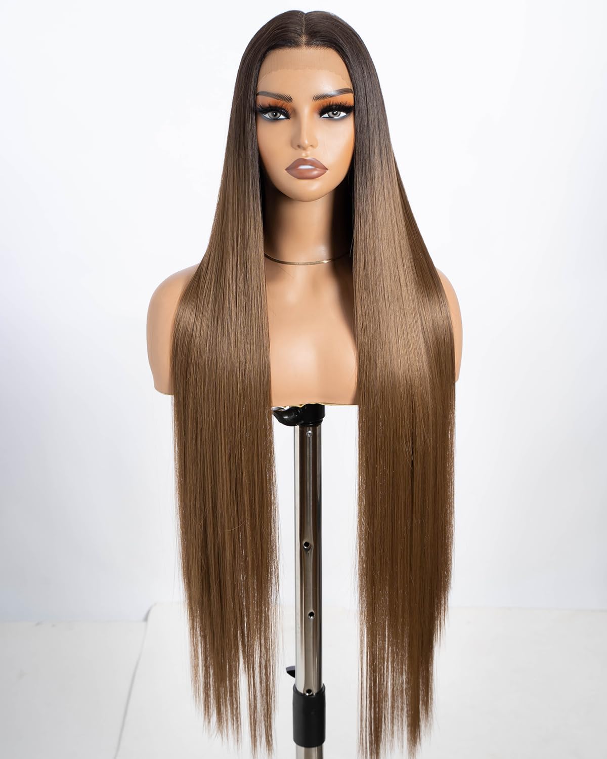 Style Icon 38 Inch Super Long Lace Front Wig 6 inches Deep Middle Part Synthetic Hair High Temperature Fiber Straight Wigs for Women (Flaxen Brown with dark root)