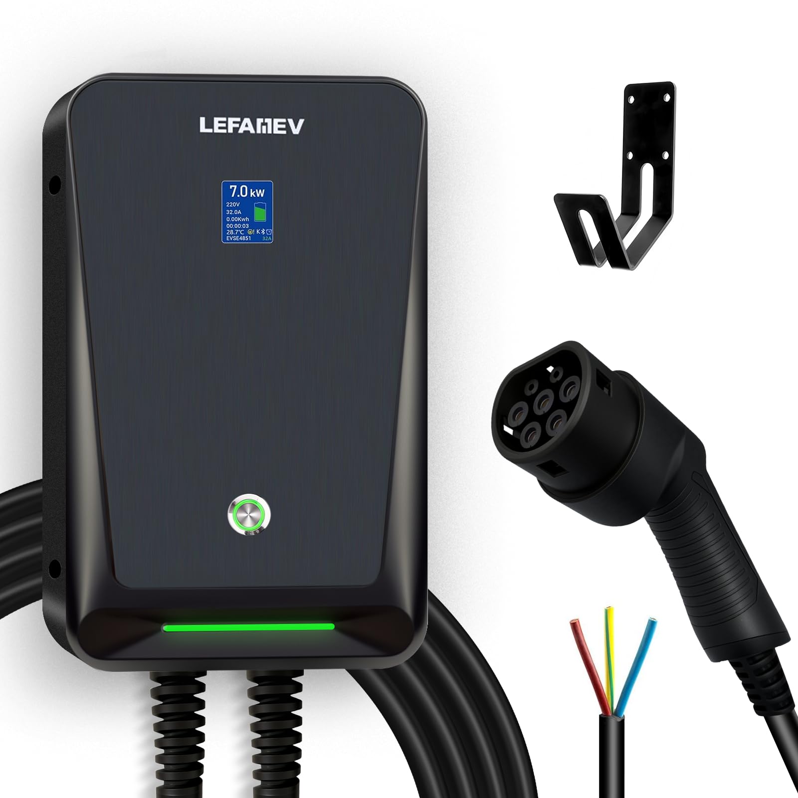 Caricatore EV 7KW, Wallbox Tipo 2 32A per Auto Elettriche, Stazione di Ricarica IP67 con Schermo LCD e Cavo da 6M, Compatibile con Tutti i Veicoli Elettrici e Ibridi Plug-in 7KW