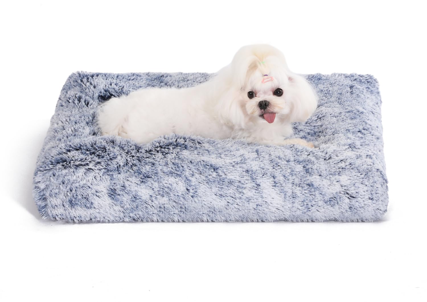 Bedfolks Plush Dog Crate Bed, Washable Cover, Faux Fur Pad, 21"x13", Dark Blue