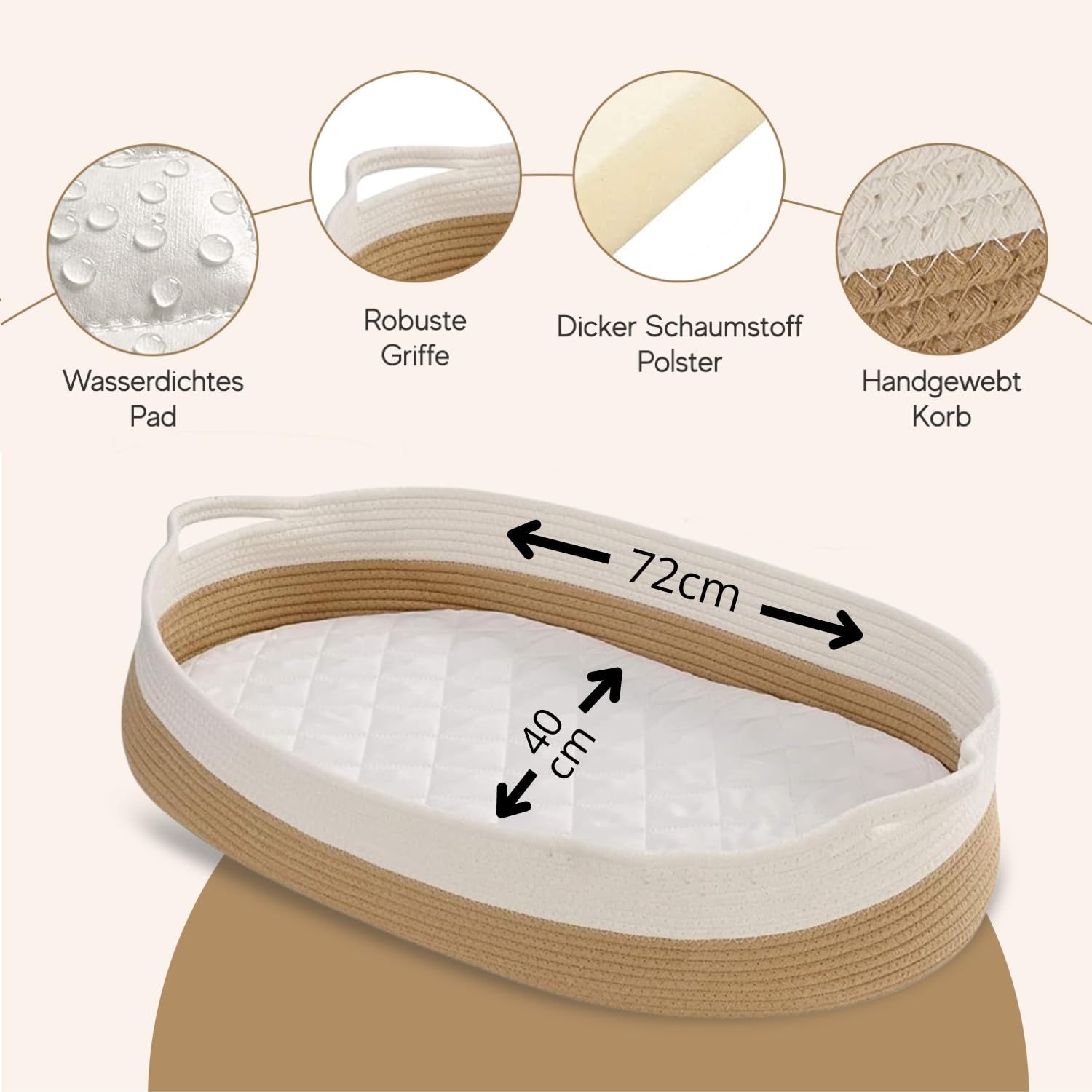 Baby Wonders® Wickelkorb moseskorb baby mit wickelauflage beige, wickelaufsatz für Kommode, baby changing pad tragbar