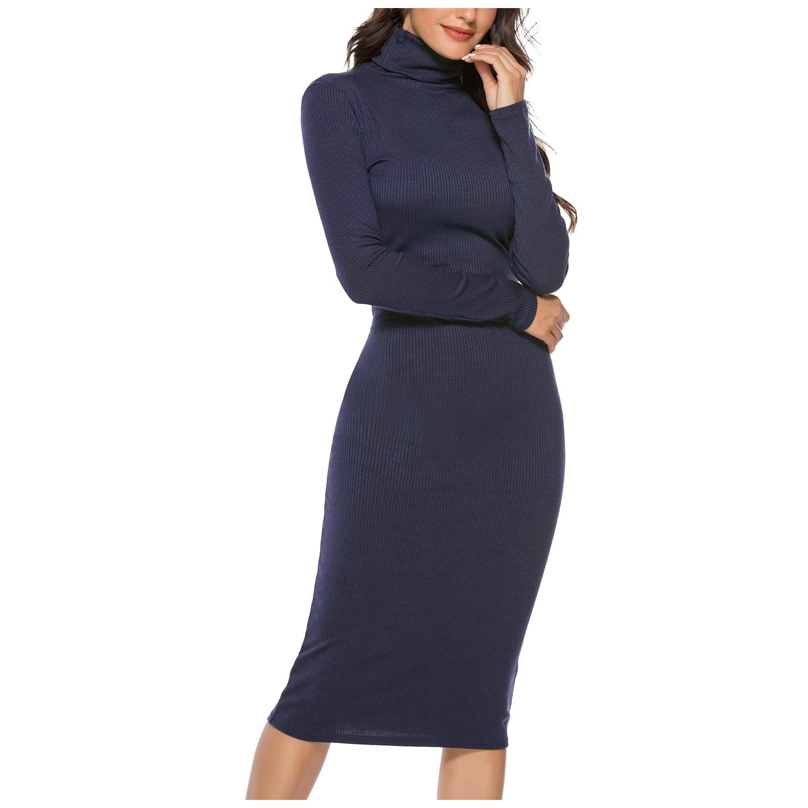 Vestido Tipo Suéter Ajustado De Manga Larga con Cuello Alto Y Punto Acanalado for Mujer