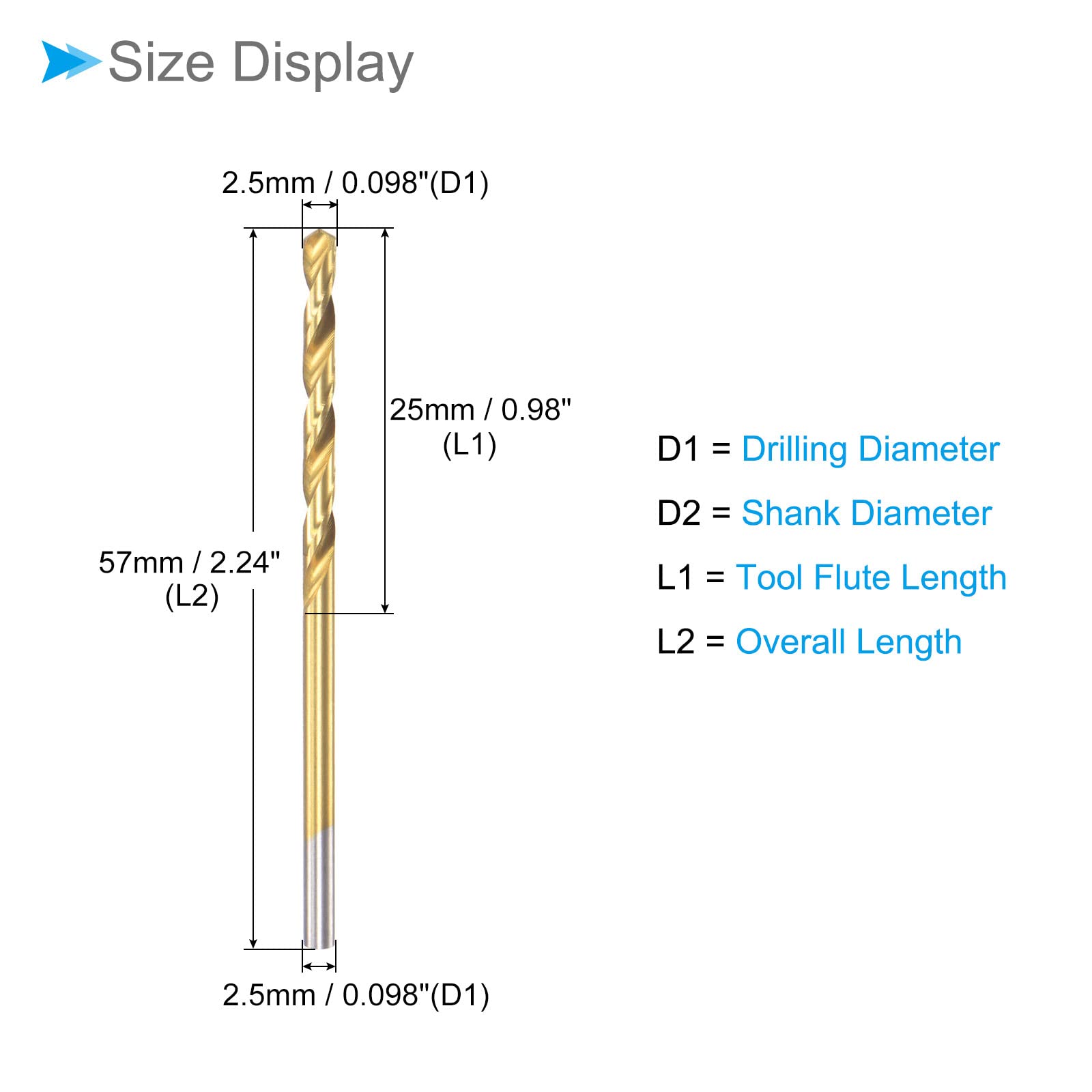 CoCud Twist Drill Bits, 2.5mm Drilling Diameter, Titanium Coated High Speed Steel 6542 Straight Round Shank - (Applications: for Stainless Steel Alloy Metal), 12-Pieces - Image 2