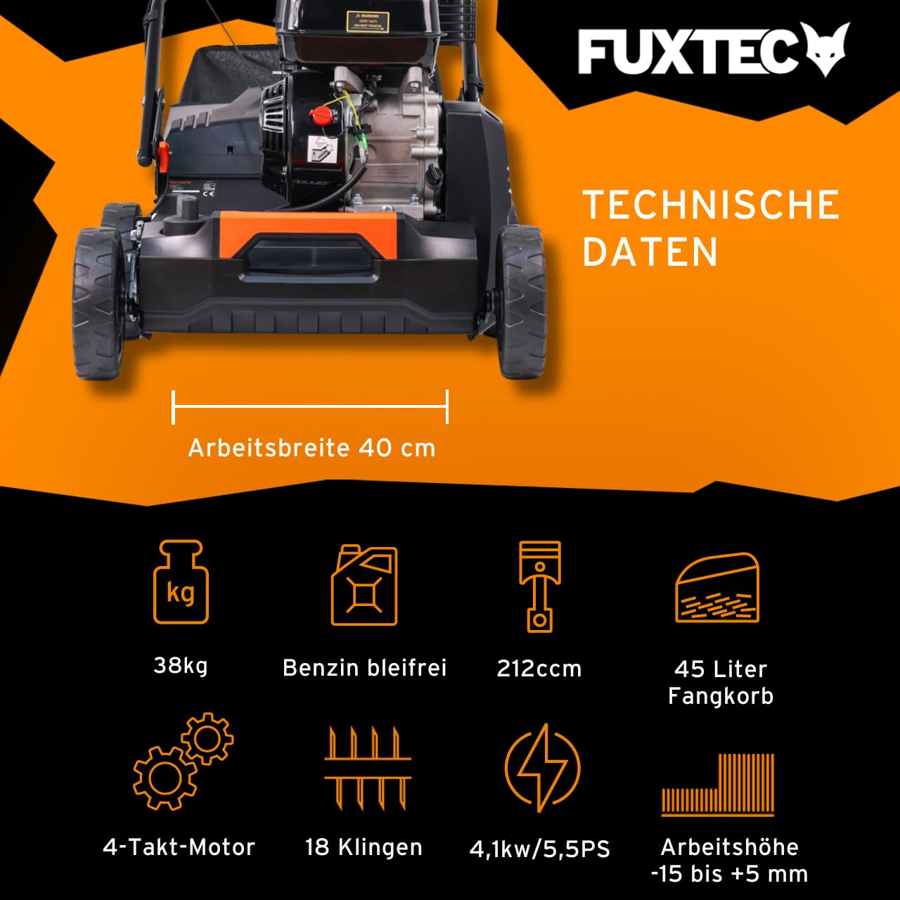 FUXTEC Vertikutierer 3in1 FX-BV240 4-Takt-Motor 4,1kW 18 Messer und 24 gefederte Krallen Front-Tragegriff und 45L Fangkorb