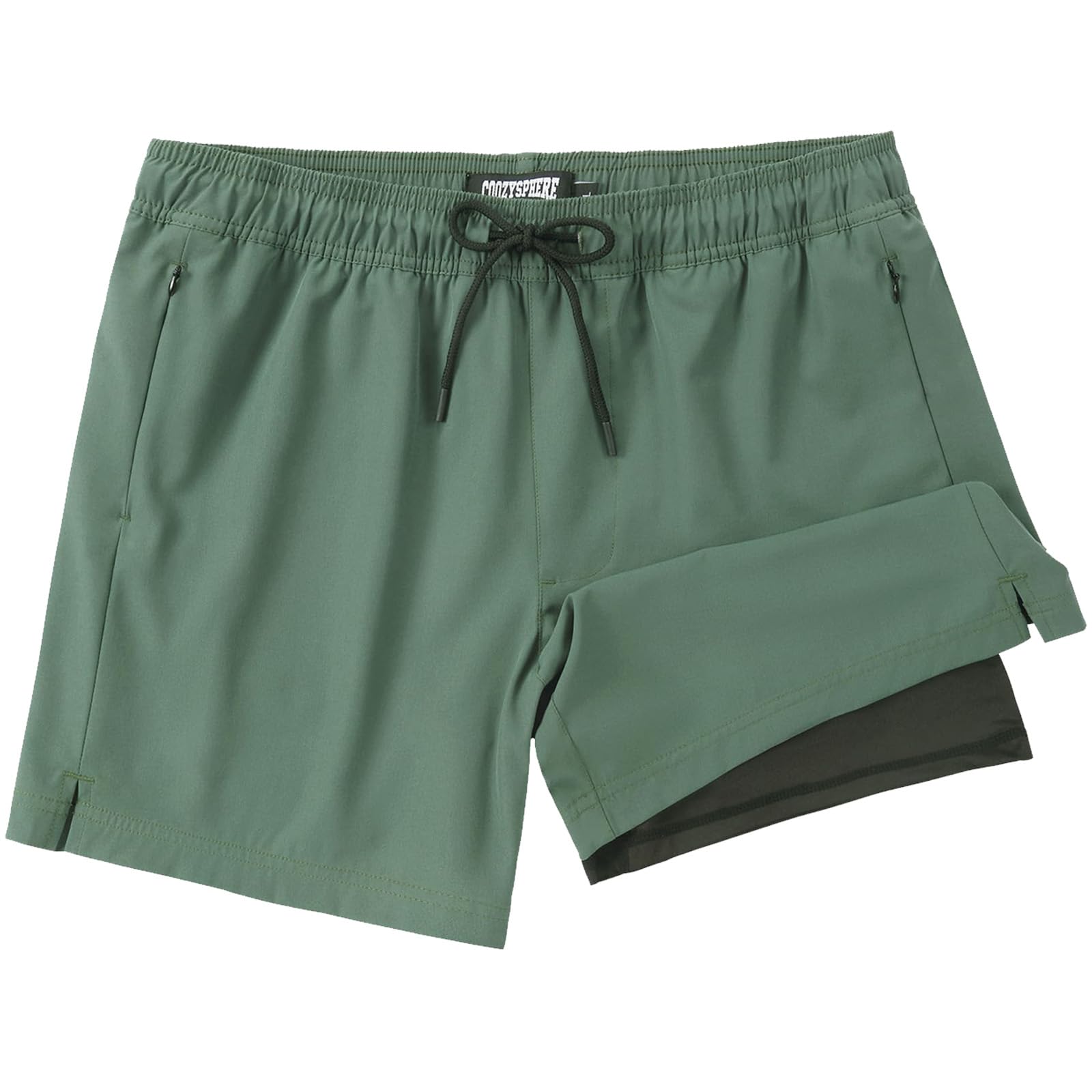 Coozysphere Men's Army Green Swim Shorts With Compression Liner 2 In 1 Quick Dry Swim Trunks Stretchy Board Shorts With Zip Pockets