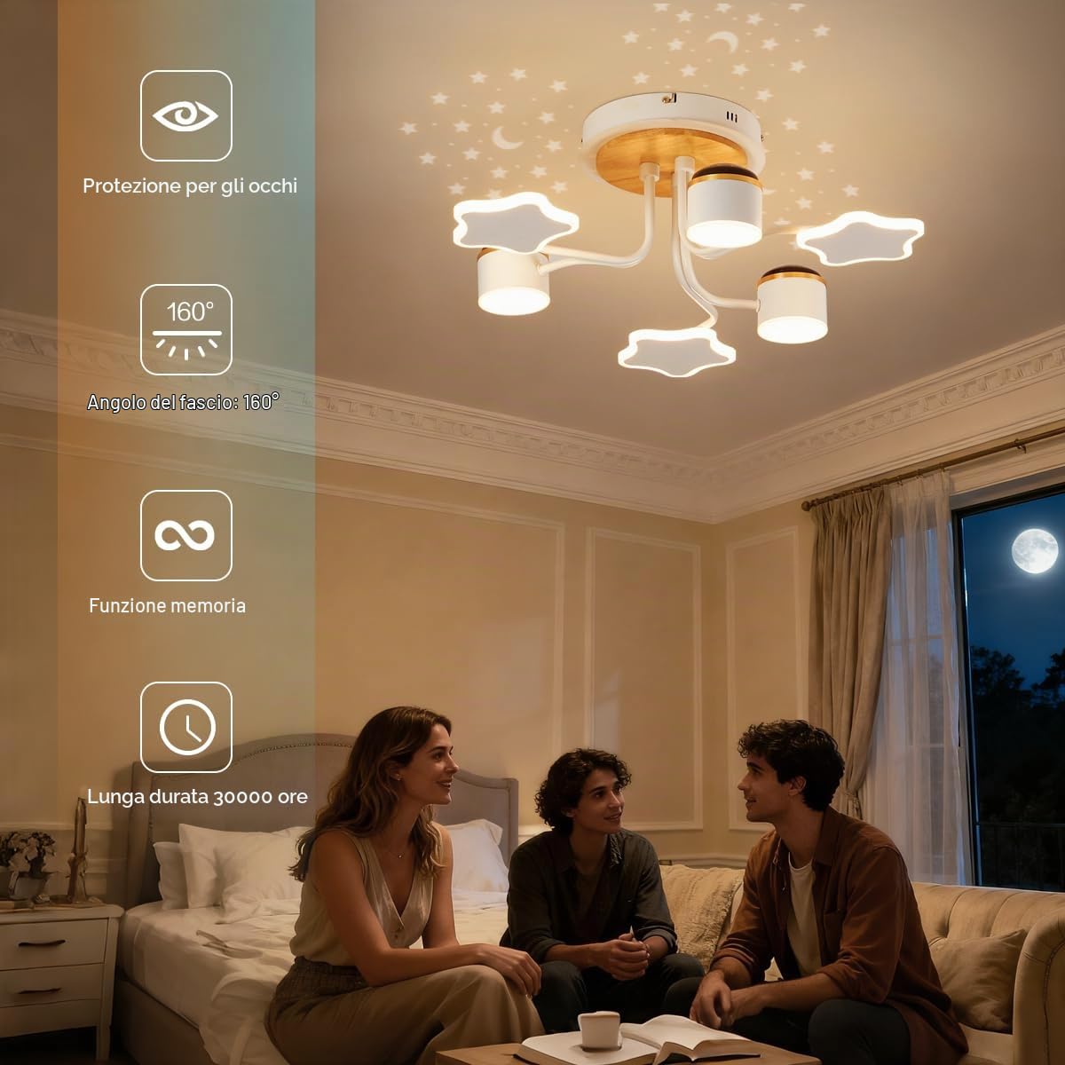 Lampada da Soffitto per Cameretta 60CM, Plafoniera LED Bambini con Telecomando, Design Cielo Stellato & Proiezione Luna, 3000K–6500K Dimmerabile, Timer, Lampada Soffitto per Cameretta Bambini
