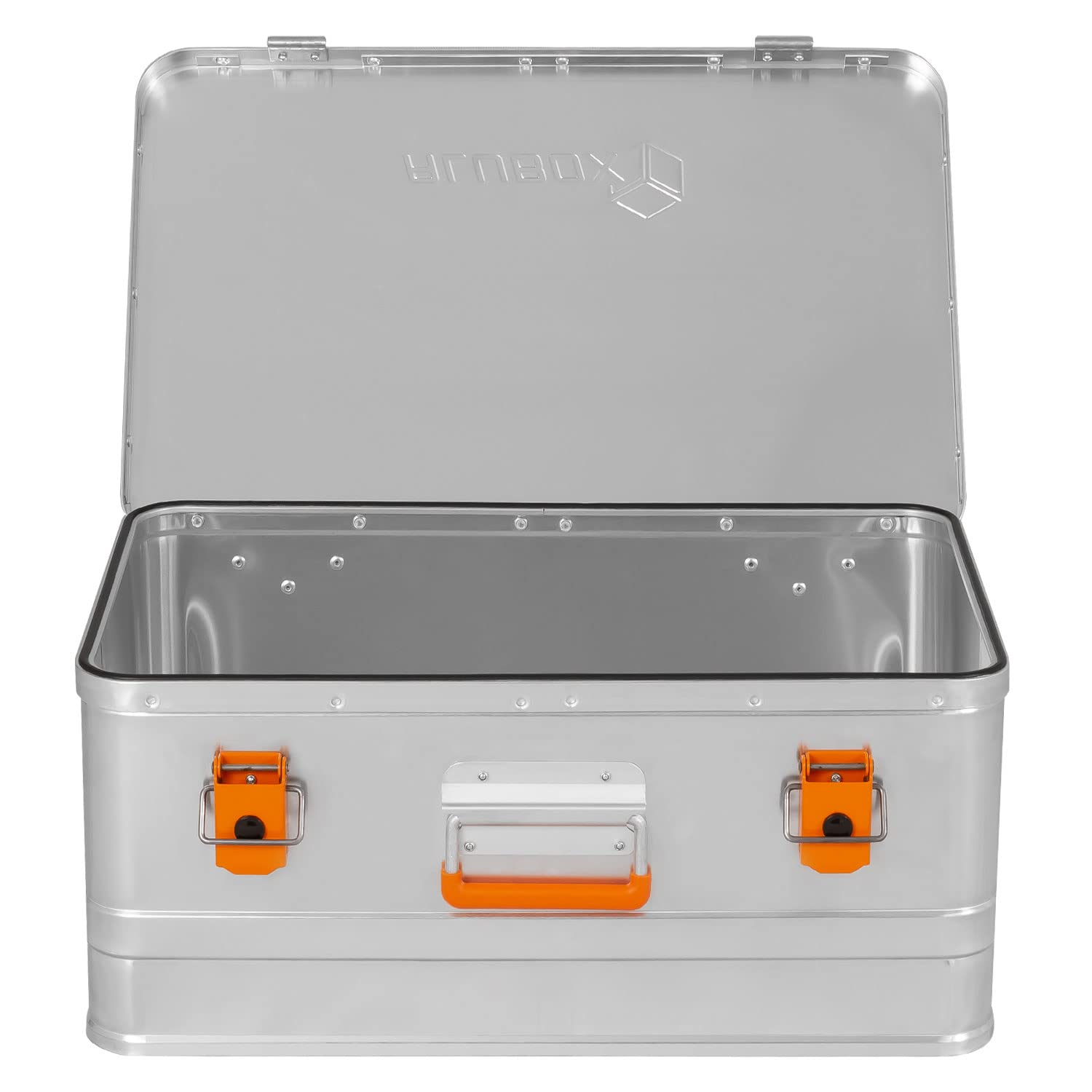 Alubox Werkzeugtruhe Werkzeugkoffer EASY 40 Liter silber Alu glänzend - orange Schnallen - Frontgriff - Außenmaße L 56 x B 37,5 x H 24 cm