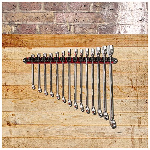 Olsa Tools Wall Mount Wrench Organizer | Red Anodized Aluminum + Black Clips | Holds 14 Wrenches