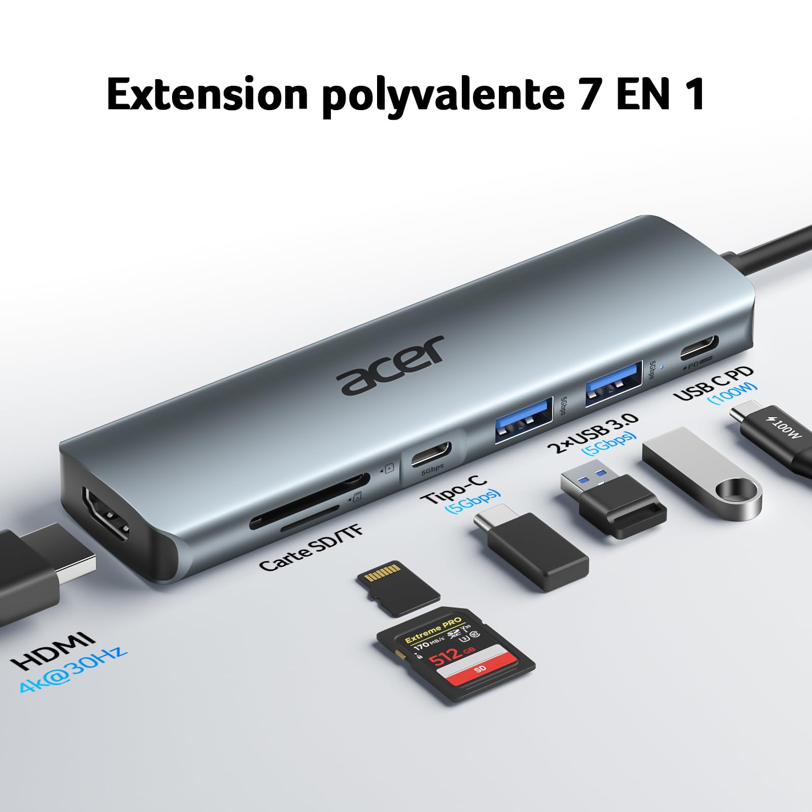 Acer Adaptateur USB C vers HDMI 4K PD 100W Lecteur de Carte SD TF 2 USB 3.0 USB C 5Gbps