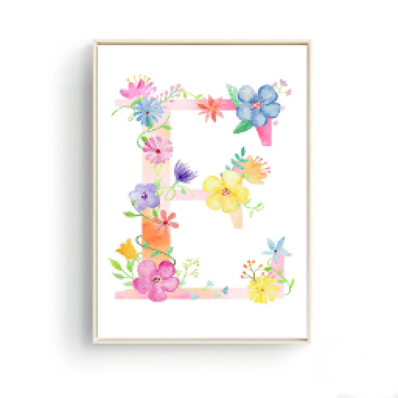 Peinture Lettre E Aquarelle Fleurs Roses Décoration Murale - 6