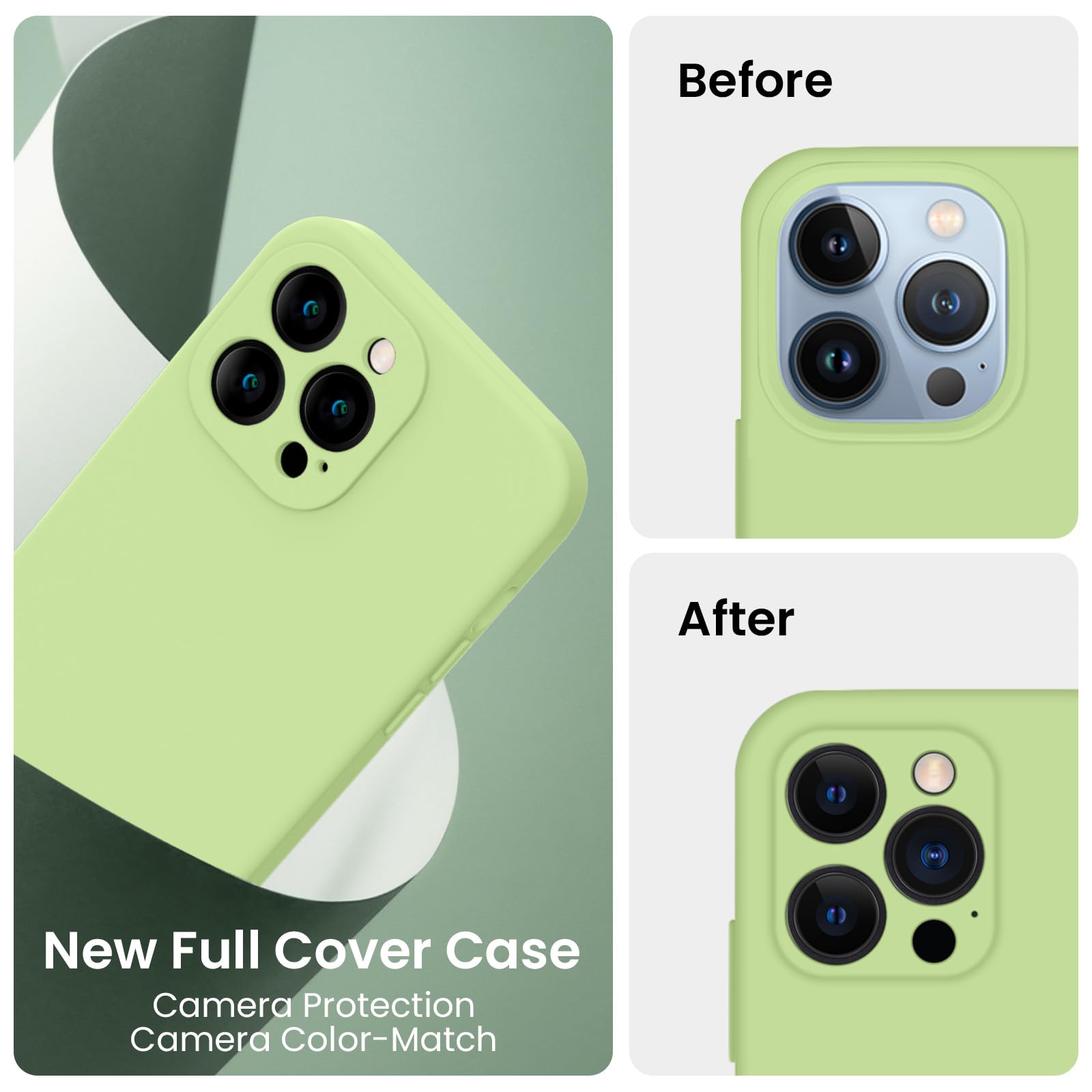 FireNova Funda para iPhone 13 Pro Max, funda de silicona mejorada [protección de cámara] con [2 protectores de pantalla], forro interior de microfibra suave antiarañazos, 6.7 pulgadas, verde té