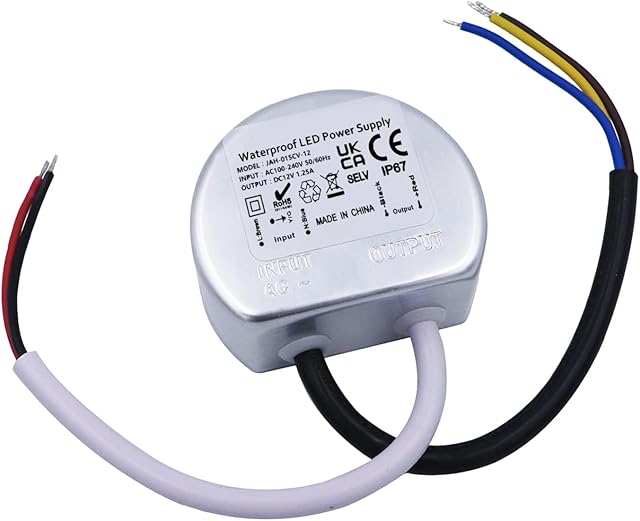 12V LED Driver Waterproof, 15W IP67 Power Supply Compact Size, 240V to 12V Transformer for LED Strip Light, G4 MR16 MR11 Spotlight Bulbs, Kitchen Bathroom Modules Lamps, Noobibaba 1 Piece