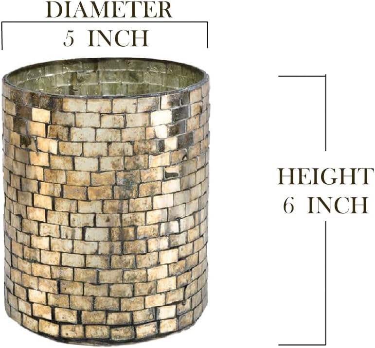 Serene Spaces Living Large Glass Vintage Mosaic Candleholder, Flower Vase, Ideal for Weddings, Home Decor, Thanksgiving, Holidays, Events, Anniversaries, Gift for Loved Ones, 5" Diameter & 6" Tall