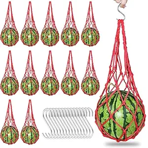 24 Pack Melon Hammocks Cradles with S Hanging Hooks, Heavy Duty Watermelon Nets Melon Hammock for Trellis Pumpkin Hanging Bags for Growing Cantaloupe Pumpkin in Vertical Garden (Red, 24)