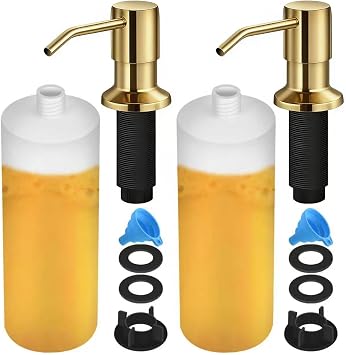 Soap Dispenser for Kitchen Sink, Built in Sink Soap Dispenser Lotion Dispenser with 17 Oz Bottle, Refill from The Top Bar Sink Soap Dispenser, Gold (2 Pack)