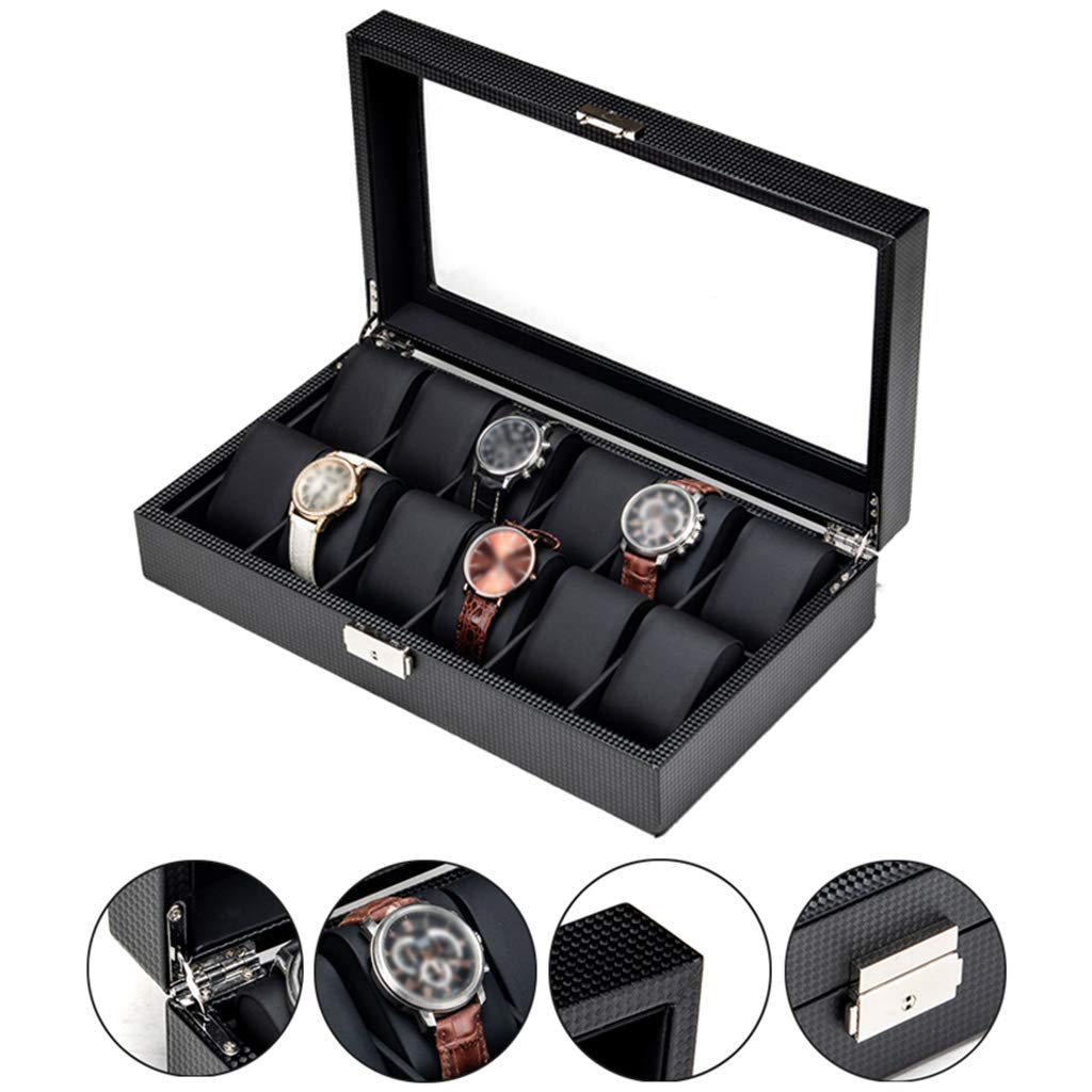 Caja de almacenamiento de relojes para hombres / mujeres Caja de joyería de fibra de carbono con 12 ranuras con almohadas suaves Relojes de pulsera con cerradura Organizador de exhibición de pulseras