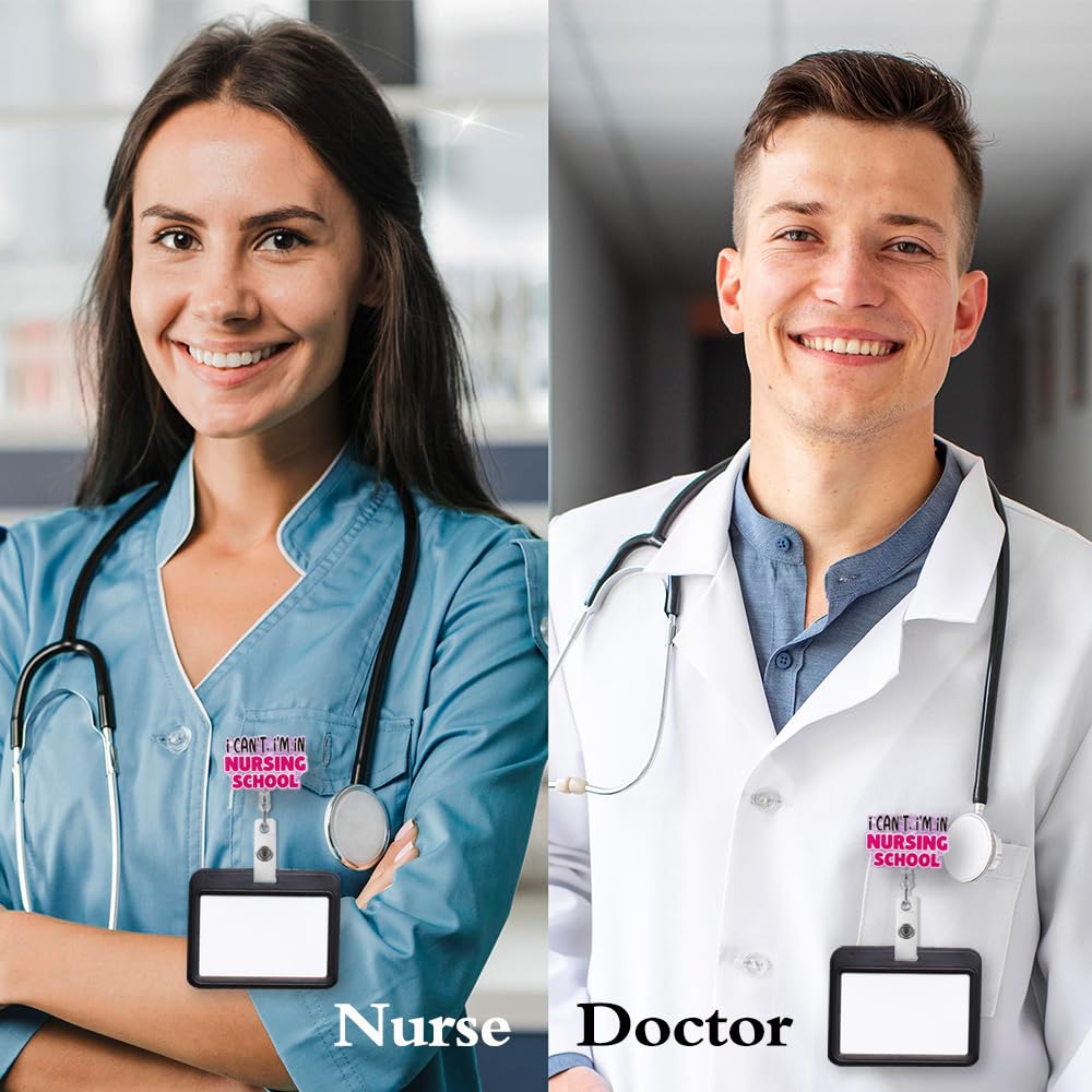 'I Can't, I'm in Nursing School' zabawny brokatowy kołowrotek z klipsem na dowód osobisty, chowany uchwyt na identyfikator, do RN CNA LPN LVN szkoły pielęgniarskiej przyszłej pielęgniarki,