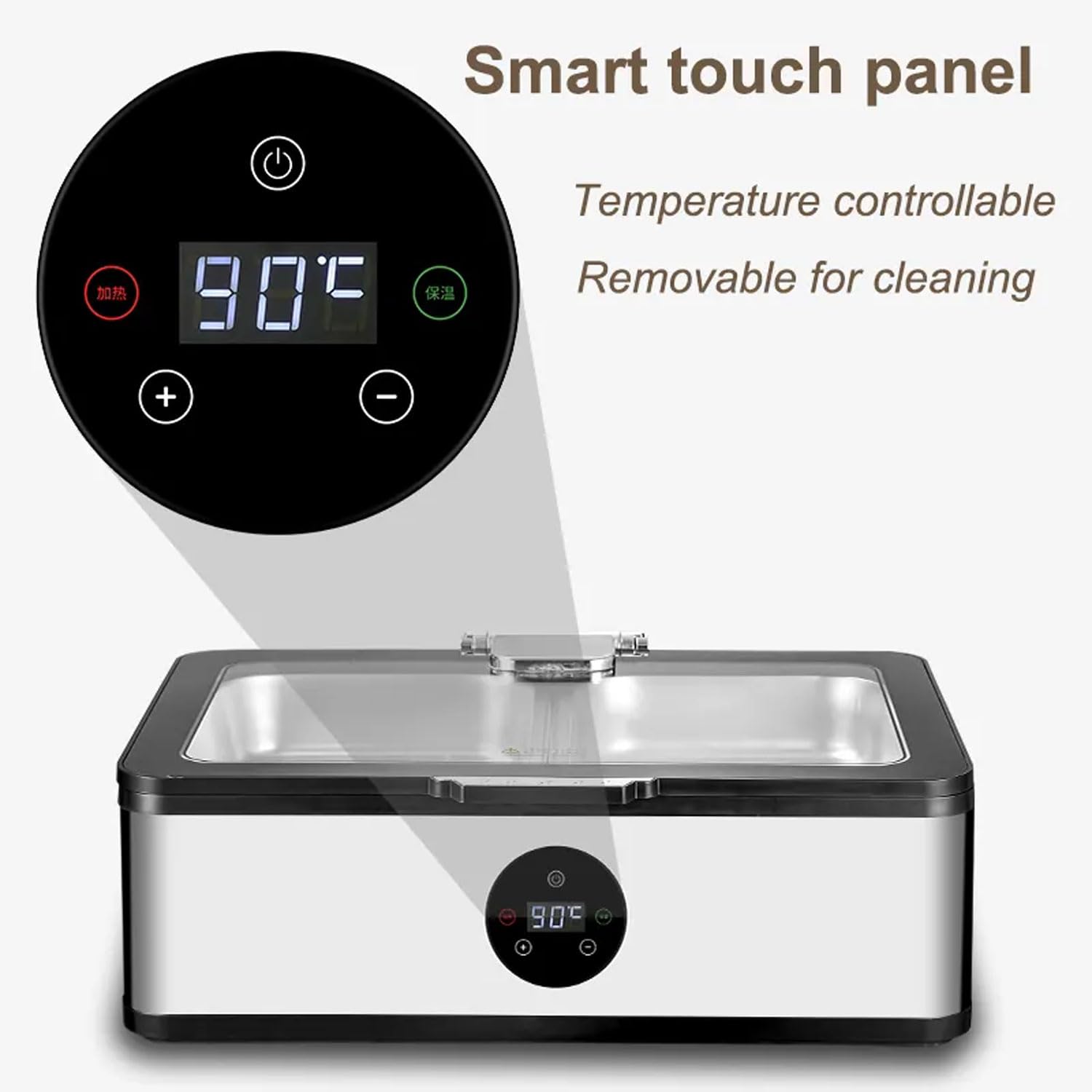 Server per buffet commerciale, fornello elettrico per scaldare gli alimenti in acciaio inossidabile da 600 W con schermo touch intelligente, regolazione della temperatura da 30 a 90 ℃, cerniera idra