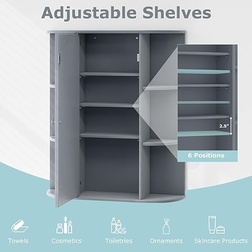 Miniatura 5 de COSTWAY Armario de baño montado en la pared, organizador de almacenamiento con puerta de espejo, estantes ajustables y 6 estantes abiertos, gabinete