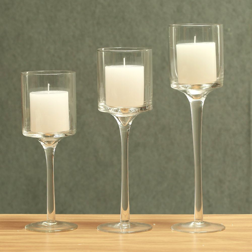Elegant Clear Glass Stemmed Candle Holders Set of 3