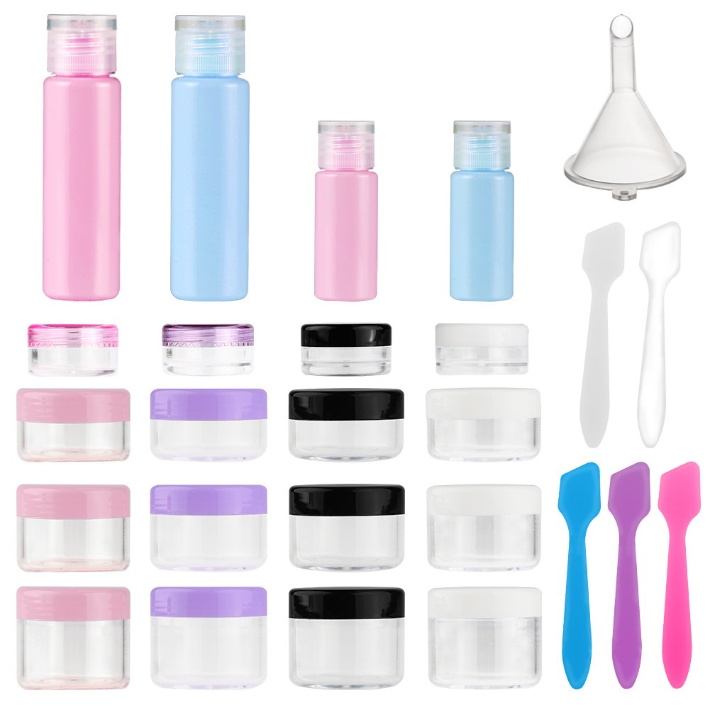 Accmor 20 Pieces Makeup Sample Containers and Bottle Set, Travel Size 5g/10g/15g/20g Clear Cosmetic Pots Jars with Lids, 1oz/0.33oz Bottle with Cap for Liquids (with 5 Spatulas + 1 funnel)