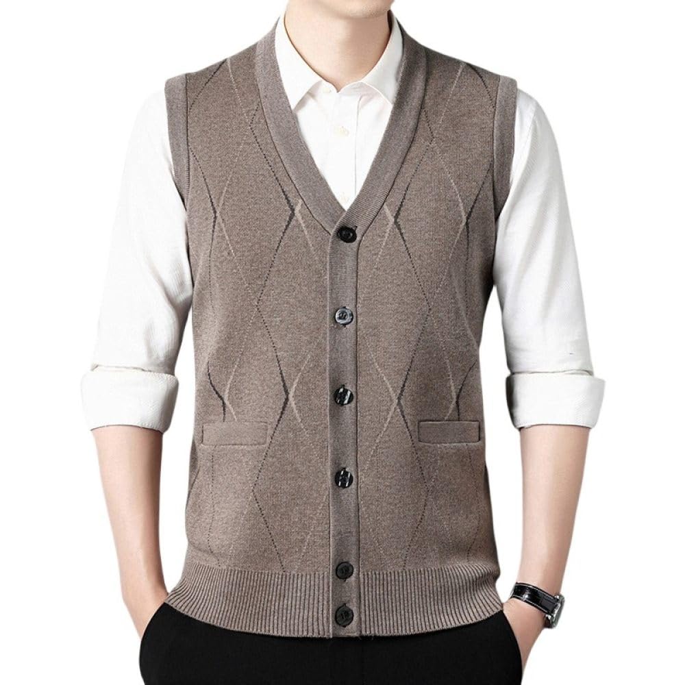 Strickweste Herren Ärmellos,Herren-Strickpullover Farbblock-Diamant V-Ausschnitt Ärmellose Strickjacke Mit Knöpfen Klassische Business-Strickweste Warme Strick-Tanktops Für Den Herbst Und Winter