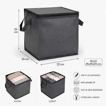 Mini Hurç Antrasit 25x25x25 cm Fermuarlı Katlanabilir Çorap Kazak Havlu Saklama Hurcu