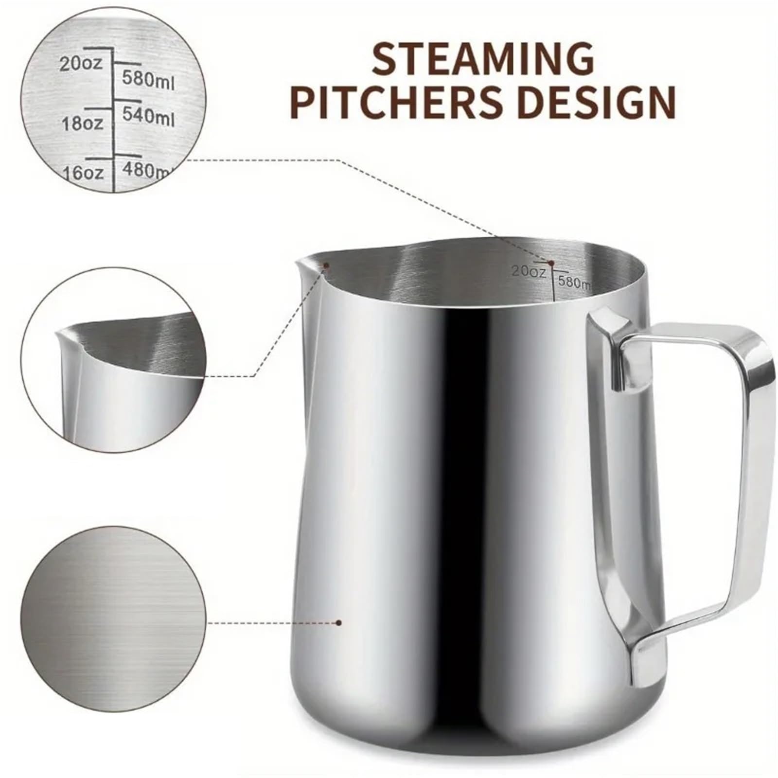 Jarra de espuma de leche de acero inoxidable, 2 uds., con marca de medición y bolígrafo de Arte Latte, fabricación de Arte Latte manual Para café(Silver-600ML-set)
