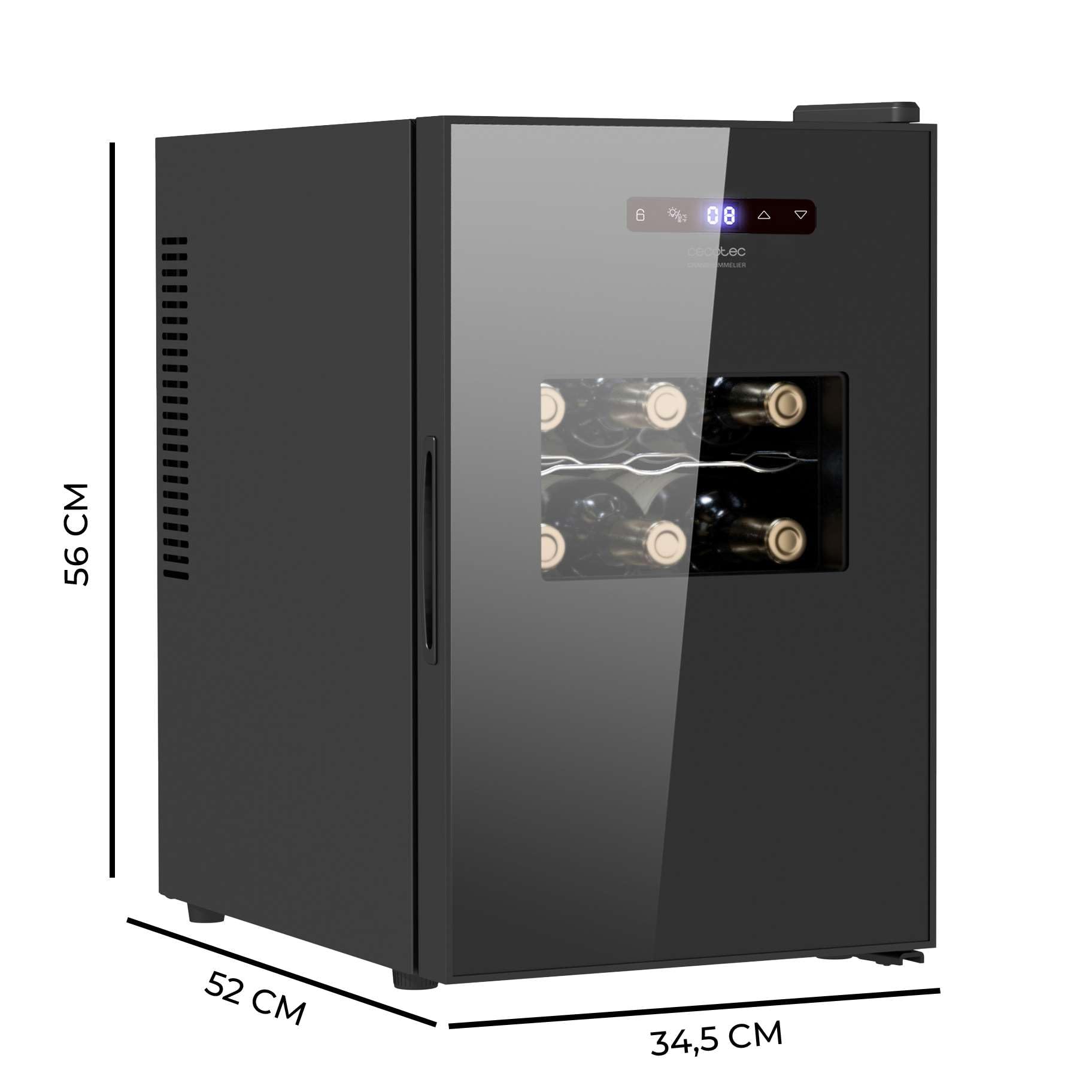 Cecotec Vinoteca Bolero GrandSommelier 1550 CoolCrystal. Bodega para 15 botellas, temperatura ajustable de 5-18ºC, enfriamiento termoeléctrico, silenciosa con 35 dB, panel táctil y LED eco-friendly.