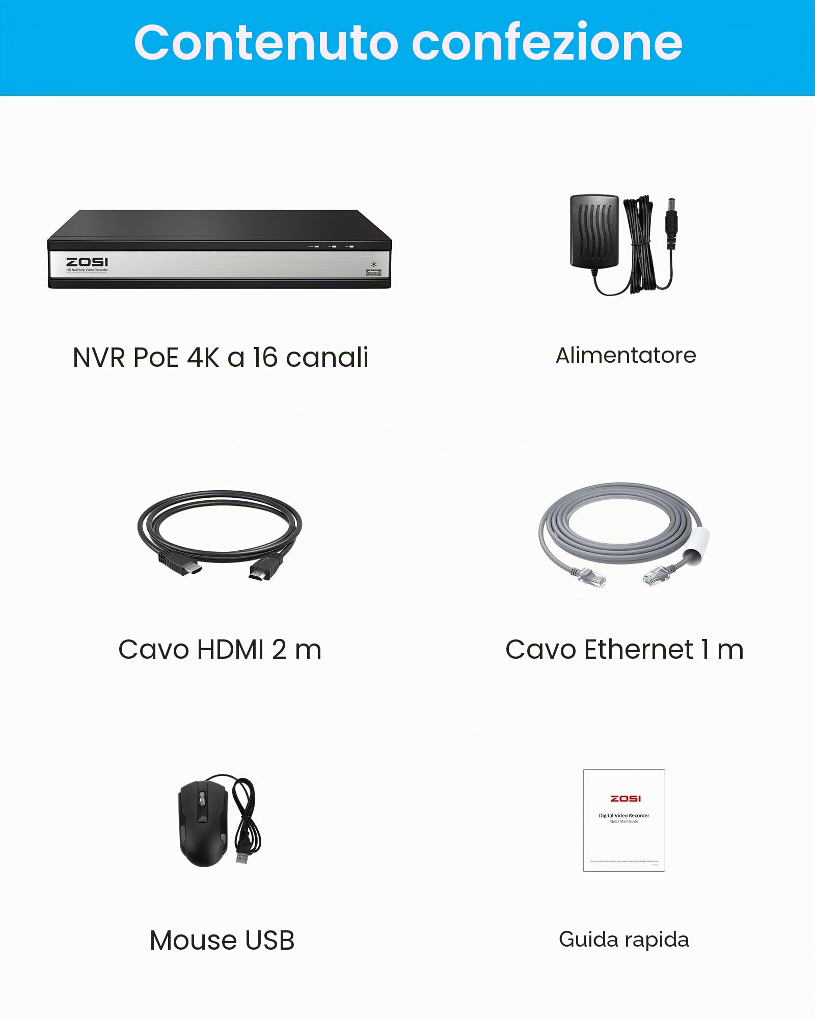 ZOSI 16CH PoE NVR con disco rigido da 4TB Registratore di videosorveglianza per telecamera IP PoE 2MP 5MP 8MP 4K (funziona solo con le telecamere ZOSI)