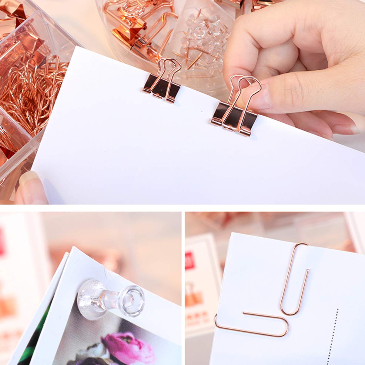 Arbeitsmappe, Dateispeicher, Faltkasten Bindemittelklammern, Buchstabenklammern, Foldback -Bindemittel, 2 Sets Bindemittel Clips Dekorative Papierclips Push Pins Sets mit Kasten for Büroschulenzubehör