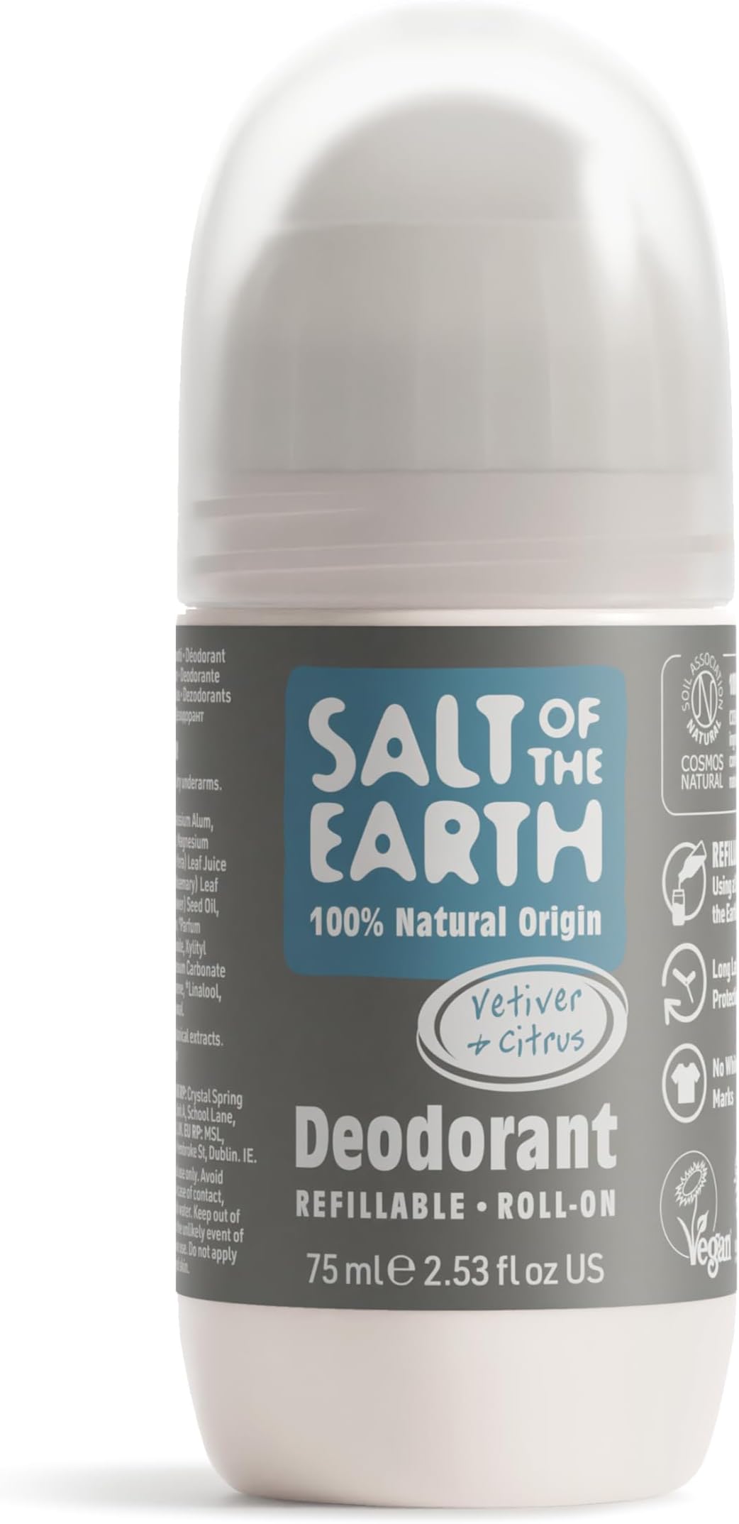 Salt of the Earth - Natural Refillable Roll On Deodorant - Vetiver & Citrus - Vegan Formula with Long-Lasting Protection - Made in the UK - 75ml