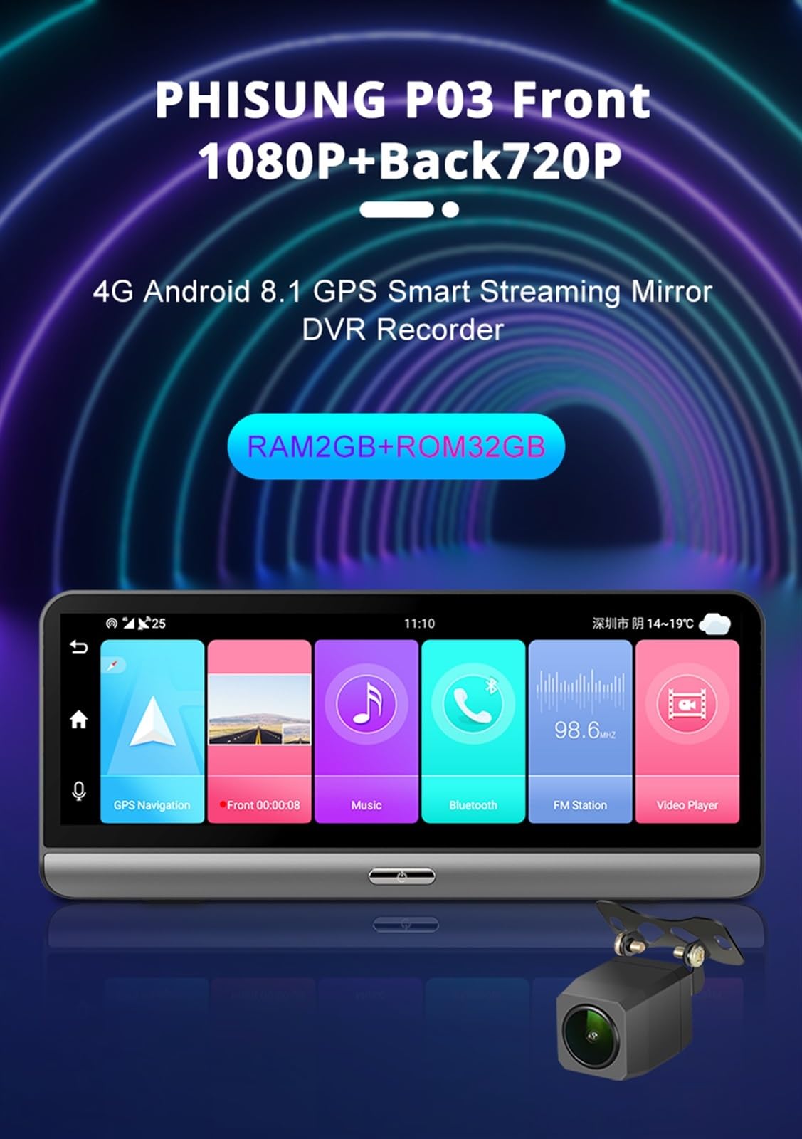 Kamera samochodowa, 8-calowa kamera samochodowa IPS GPS 4G FHD 1080P na deskę rozdzielczą z dwoma obiektywami samochodowy rejestrator wideo Night Vision 24H Park(With 32G Card)