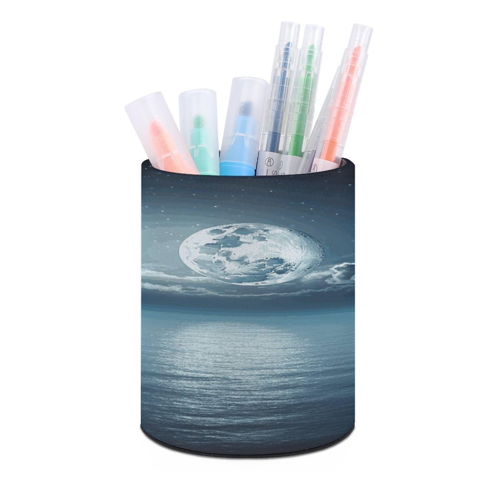 LDGSUPH Moon Ocean Landscape Round Pen Holder Leather Pen Cup Pencil Cup Pen Organizer Pencil Holder for Desk Organizer Pencil Organizers Makeup Brush Holders for Home Office Gift