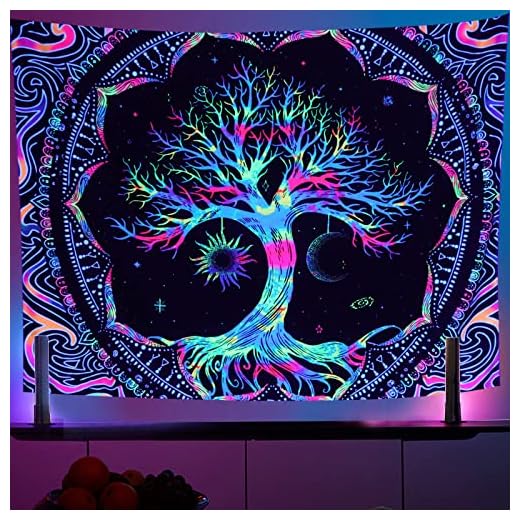 BlackLight Tree of Life Tapestry for Bedroom Aesthetic Trippy with Sun Moon and Star Galaxy Space, Colorful Hippie Wall Tapestry Mandala Black Light Posters Tapestries, Wall Hanging for Living Room Dorm Decor (59.1 × 51.1 inch / 150 × 130 cm)