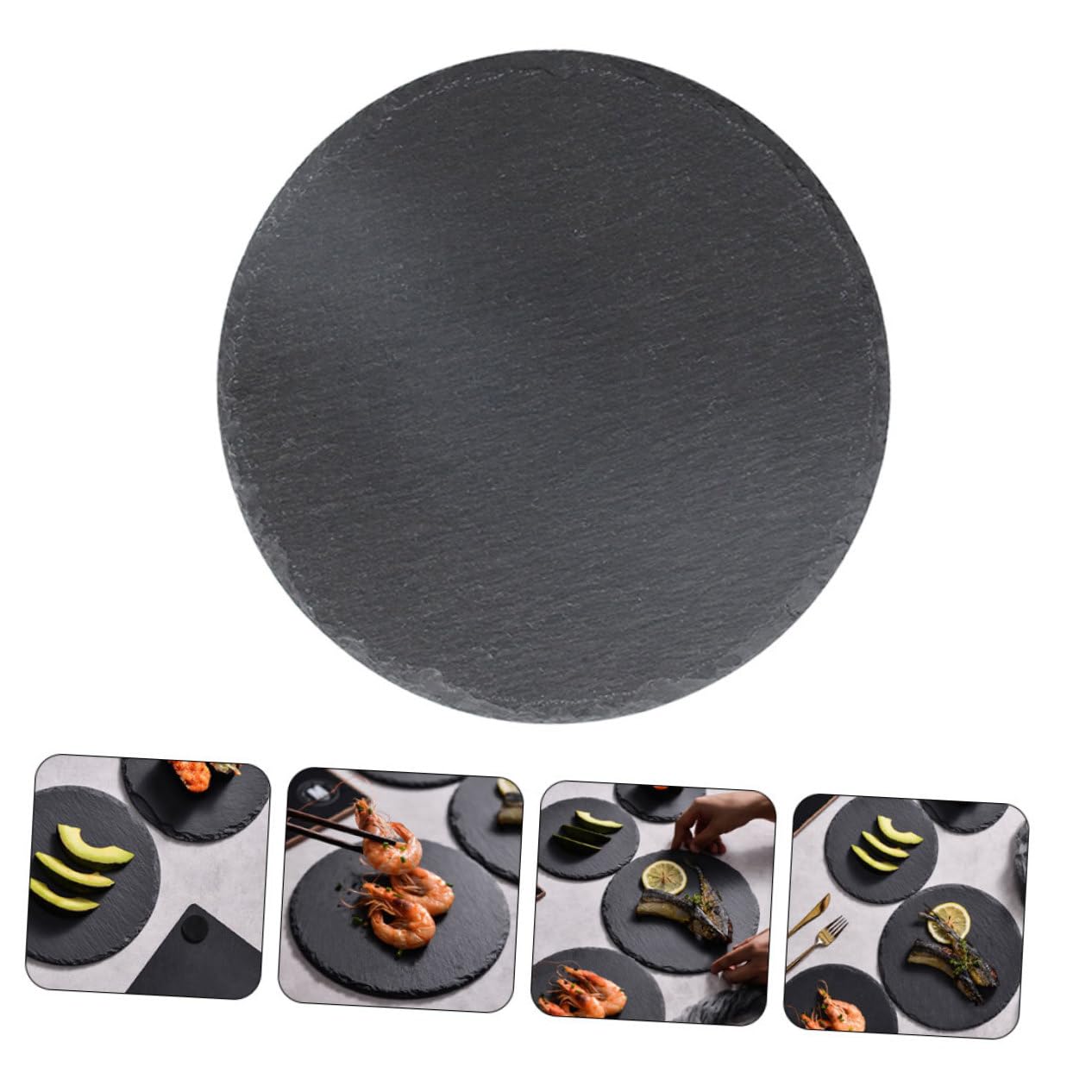 Ipetboom Plato de Piedra Redondo Negro de Pizarra para Servir Alimentos | Uso en Restaurante y Hogar, Apto para Desayuno y Postres, Estilo Rústico Creativo