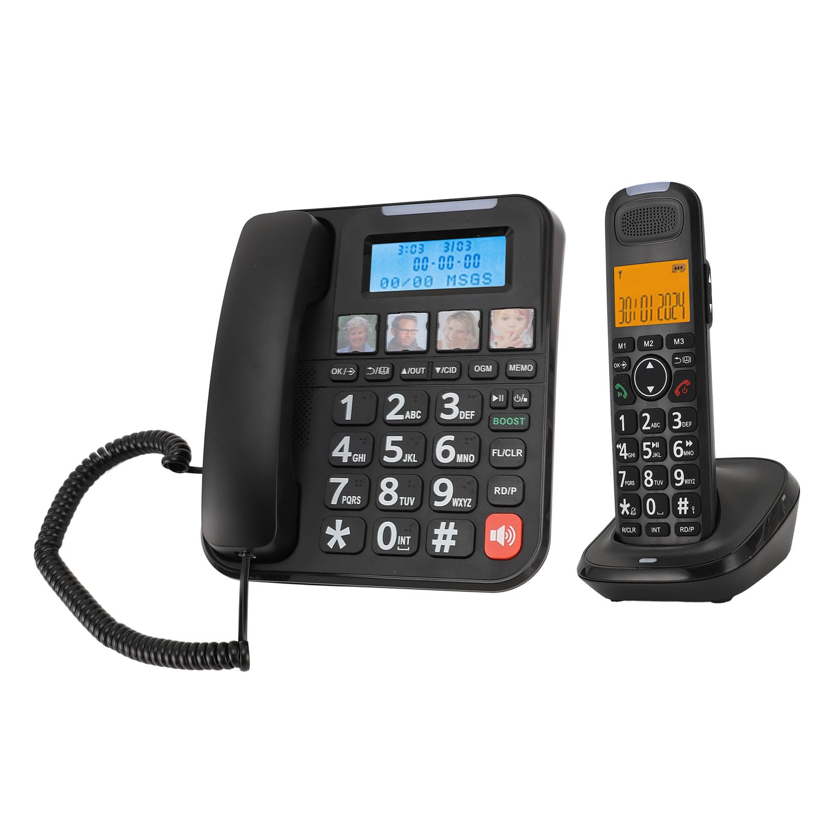 Schnurgebundenes, Schnurloses Seniorentelefon, Anrufbeantworter, Anrufsperre, Fotowahl, Lauter Klingelton, Freisprechanruf, 3-Wege-Anruf, Sprachführung, Großer Bildschirm,