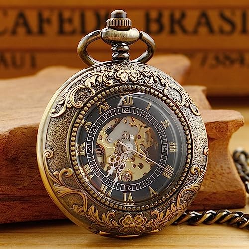 Image of Fashion Skeleton Mechanical Pocket Watch, Antique Roman Numeral Dial Mechanical Pocket Watches for Men with Box