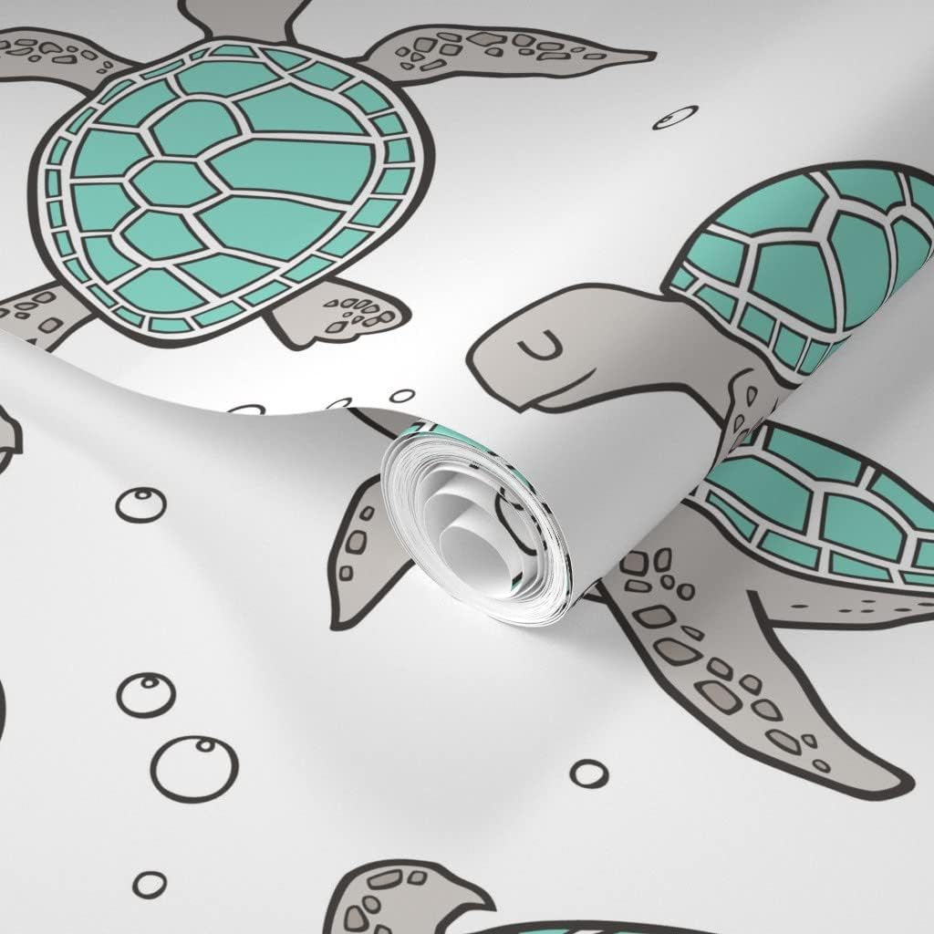 Spoonflower Removable Wallpaper 6ft x 2ft - Sea Turtles Nautical Ocean Mint Green White Turtle Fish Summer Custom Pre-Pasted Wallpaper