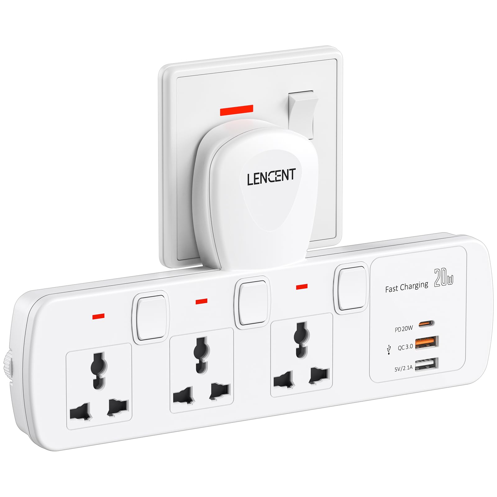 LENCENT Multi Plug Extension Socket, 3 Way Electrical Outlet Extender, PD&QC 3.0 20W USB Wall Charger, 6-in-1 Universal Plug Adapter, Charging Station for Home, Office, Kitchen, Individually Switched