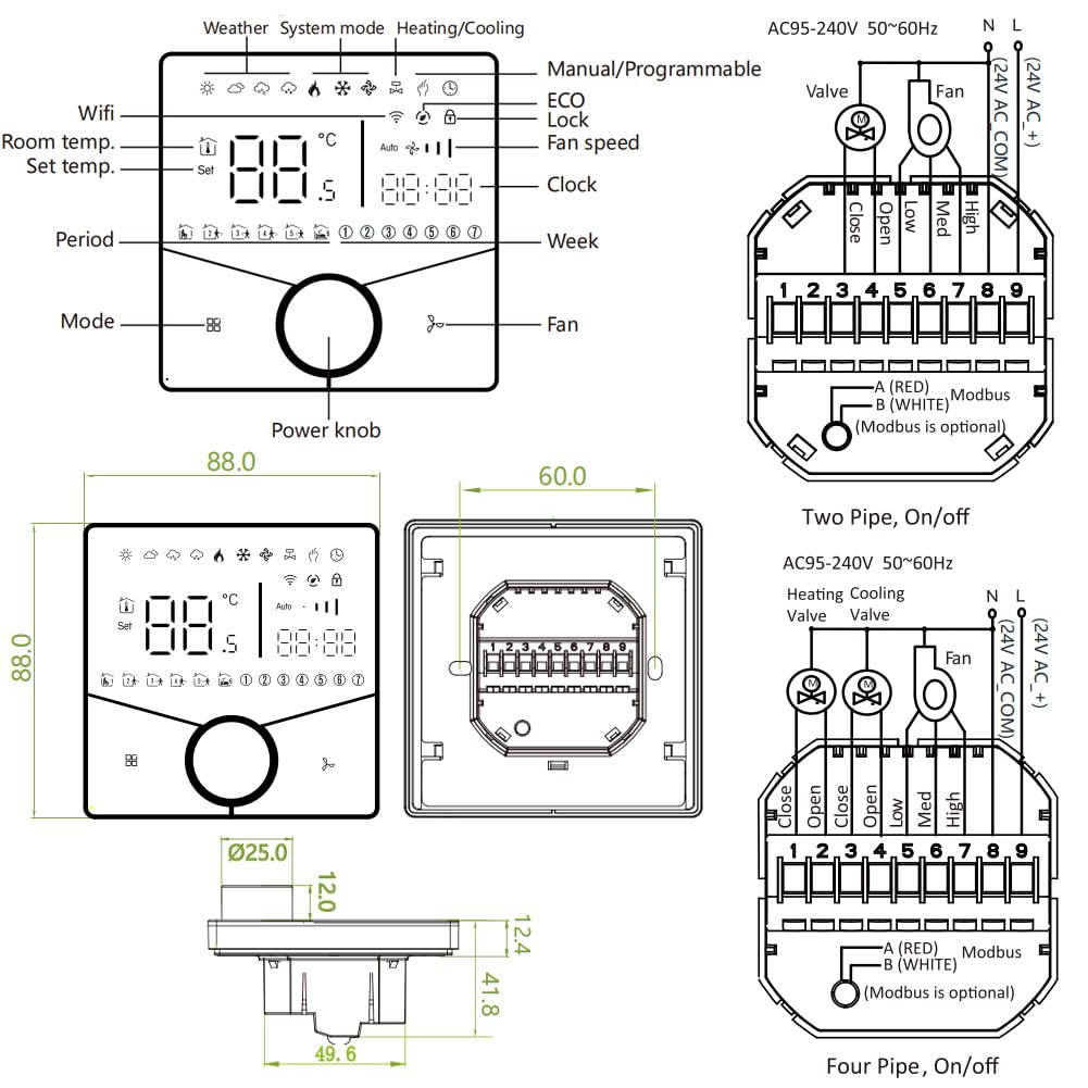 Termostato Inteligente WiFi 4 Tubos para Aire Acondicionado Fan Coil con Conexión WiFi para Soporte de Voz Inteligente Termostato Controlador (4 Tubos)