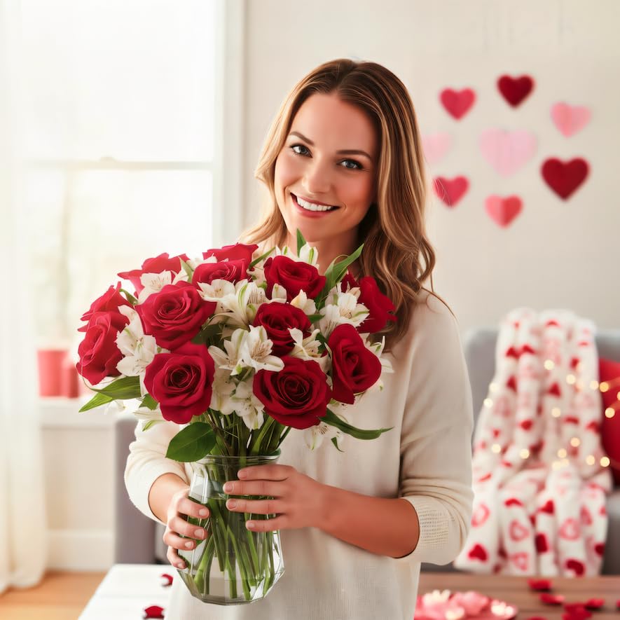Miniatura 3 de Benchmark Bouquets - Rosas clásicas y alstroemeria (jarrón de cristal incluido) - Flores frescas para entrega al día siguiente - Regalo para