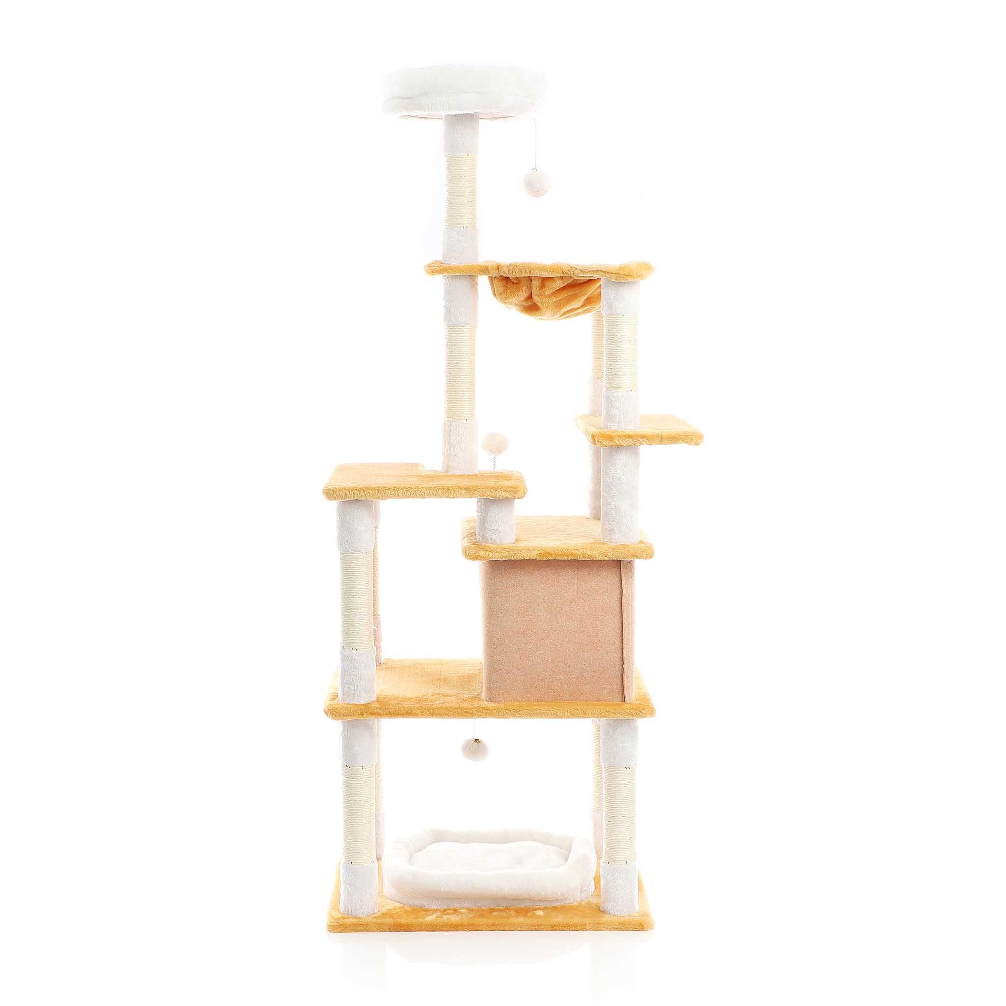 Fudajo Arbre à Chat Blanc/Brun 164cm Poste de grattage avec du sisal, Une Niche/Maison à Chats