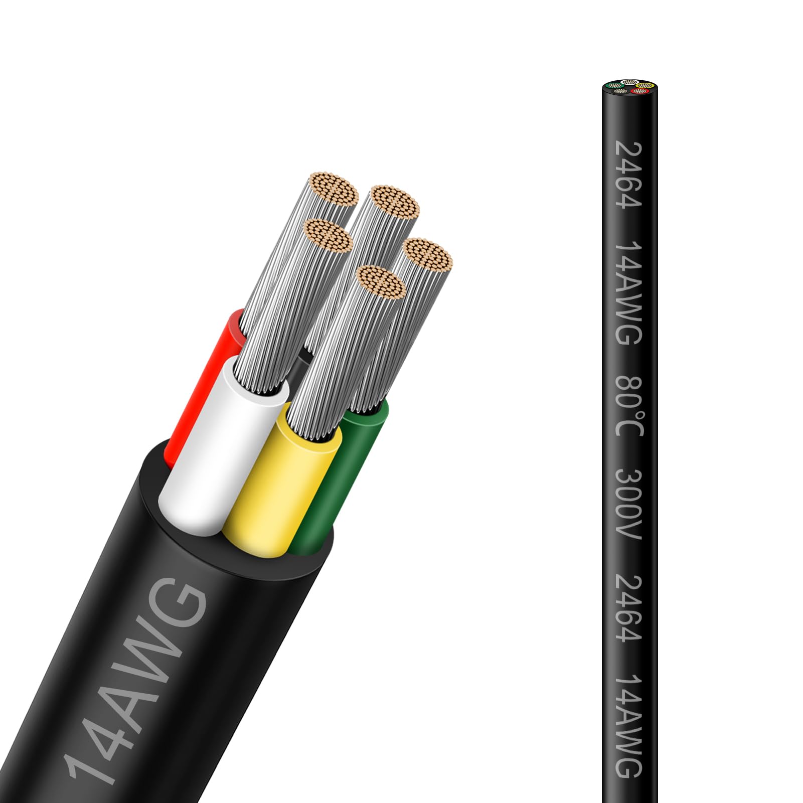 14 Gauge 5 Conductor Electrical Wire, 33FT 2464 14AWG 5 Wire Cable Black PVC Stranded Tinned Copper, 14/5 Cord Extension Low Voltage Cable