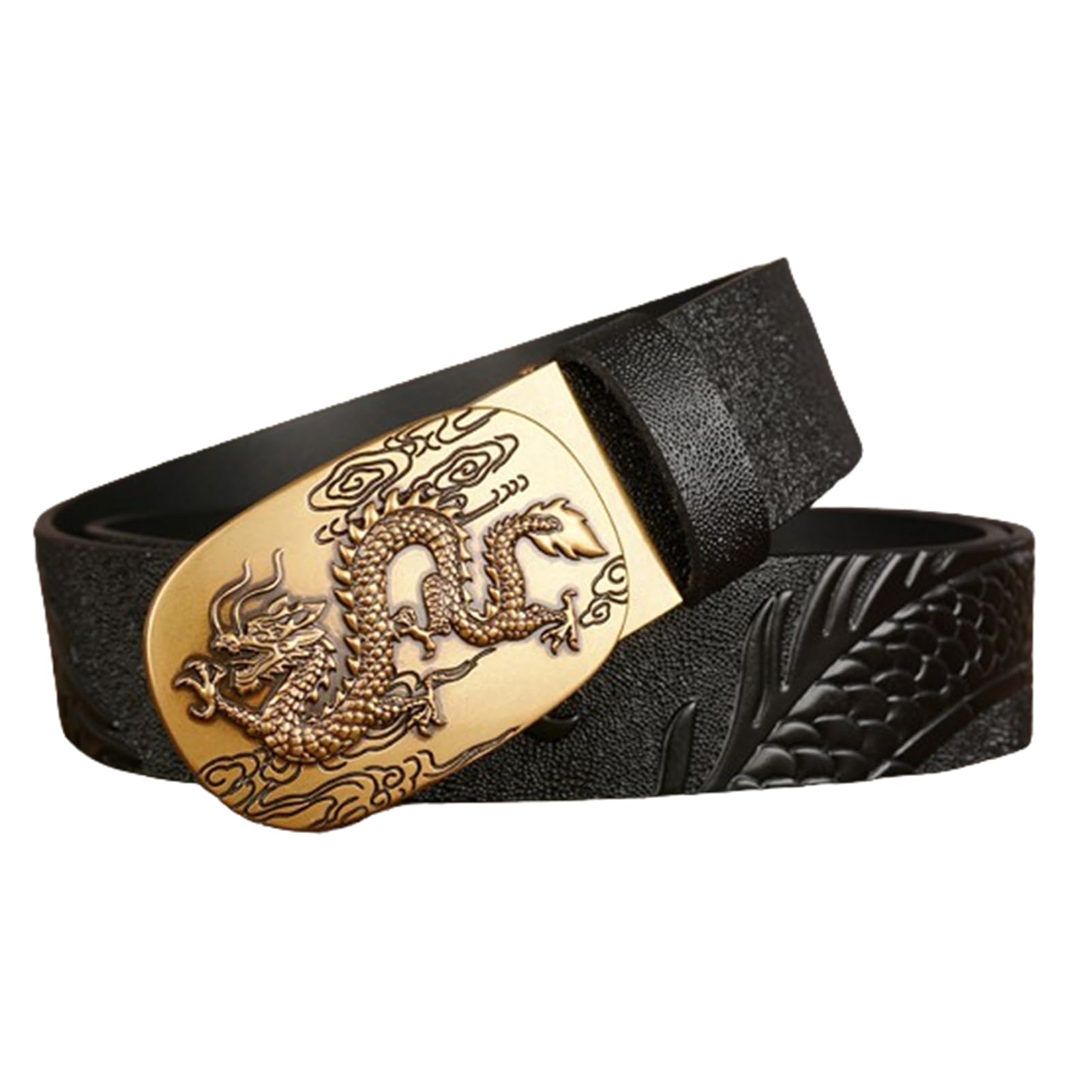 Cinturón De Trinquete para Hombre Hebilla Automática Deslizante Dragon Cinturones De Dragón Tallado En Relieve Longitud 110-130cm Correas De Cuero De Vaca(115cm/45, Black)